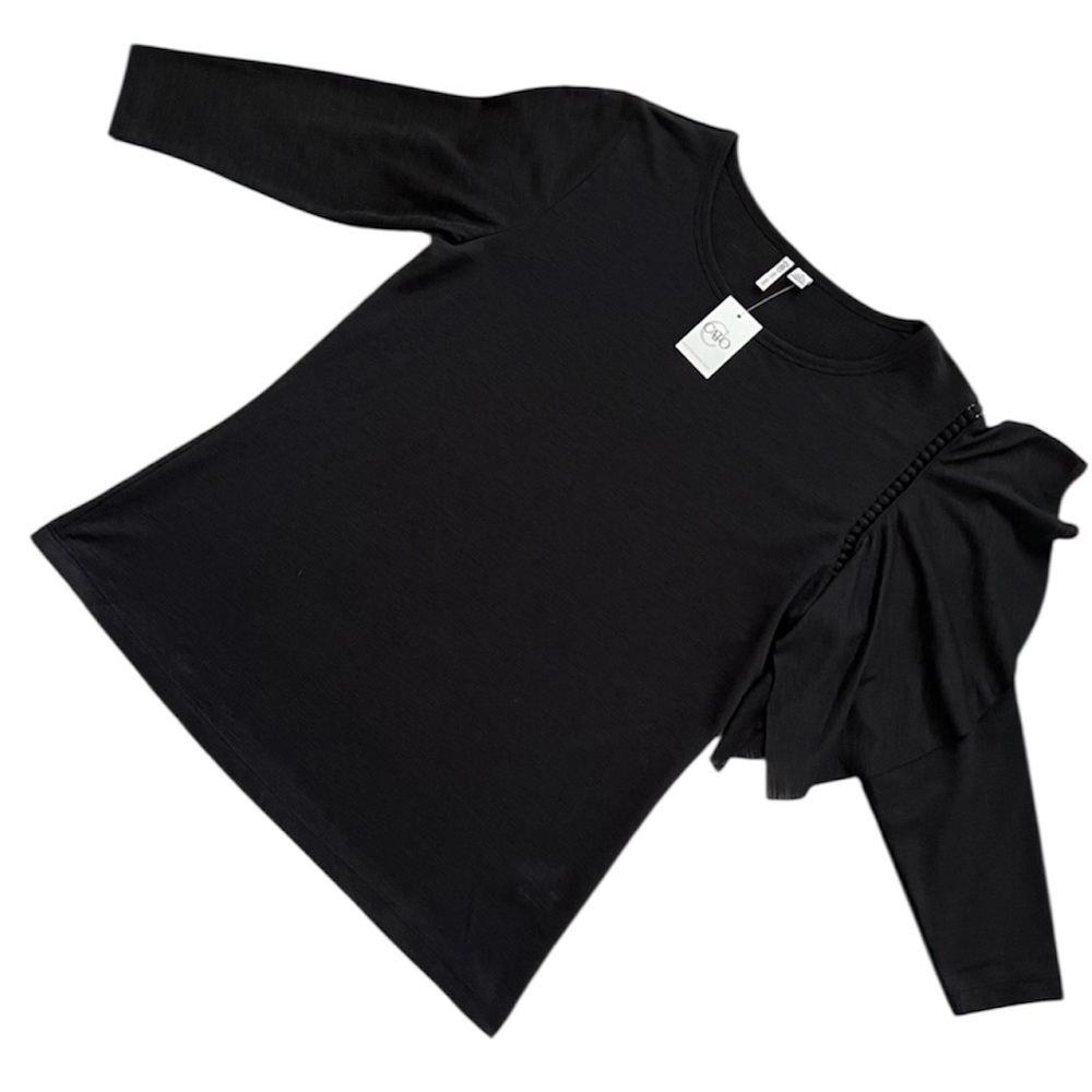 Cato Asymmetrical Ruffle Sleeve Top Lace Crochet Trim Small Black NWT